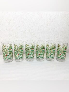 Crisa Mistletoe Holly 6 Highball Tea Tumbler Glasses Christmas 16.3 Oz Holiday